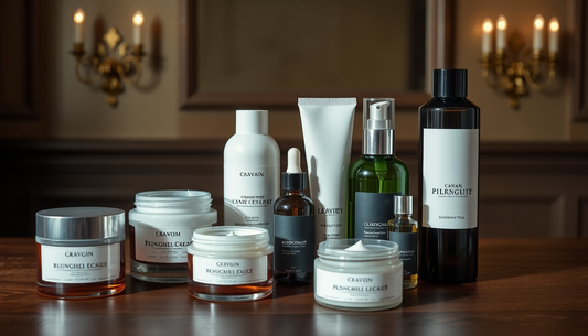 Products for The Best Skincare Routine for Oily Skin Types including creams and oils on a wooden surface. detailed elegant lighting.