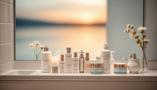 Calm, Clean Environment:
A calming bathroom or vanity setup, with skincare products neatly arranged, soft lighting, and a tranquil background to convey a peaceful, mindful skincare experience.