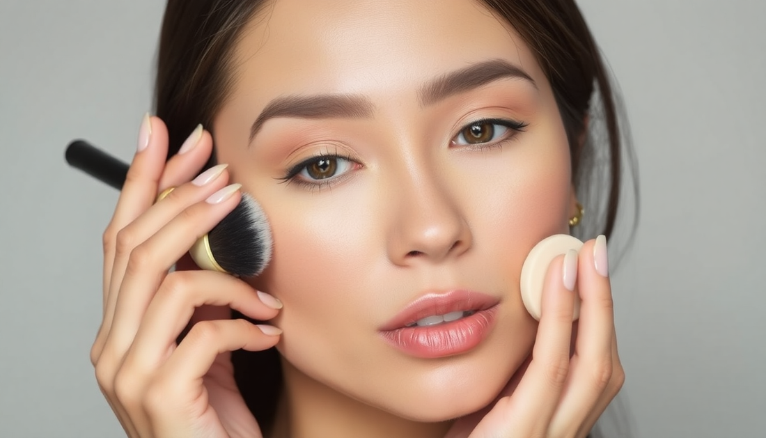 Close-Up of a Model Applying Foundation: Choose an image where a model is applying foundation with a brush or beauty sponge, highlighting the smooth and seamless finish.