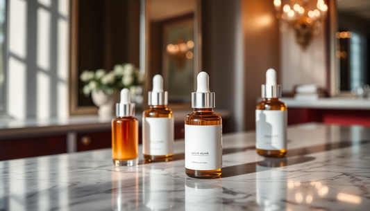 Luxury serum bottles on marble surface with gorgeous lighting. serum must have no label