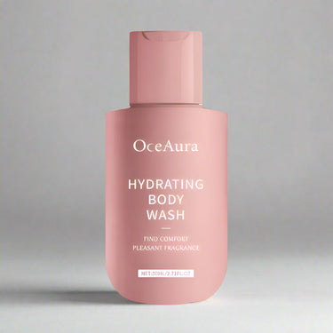 Pink bottle of OceAura hydrating body wash on a gray background
