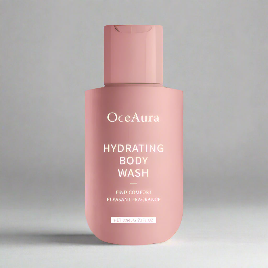 Pink bottle of OceAura hydrating body wash on a gray background