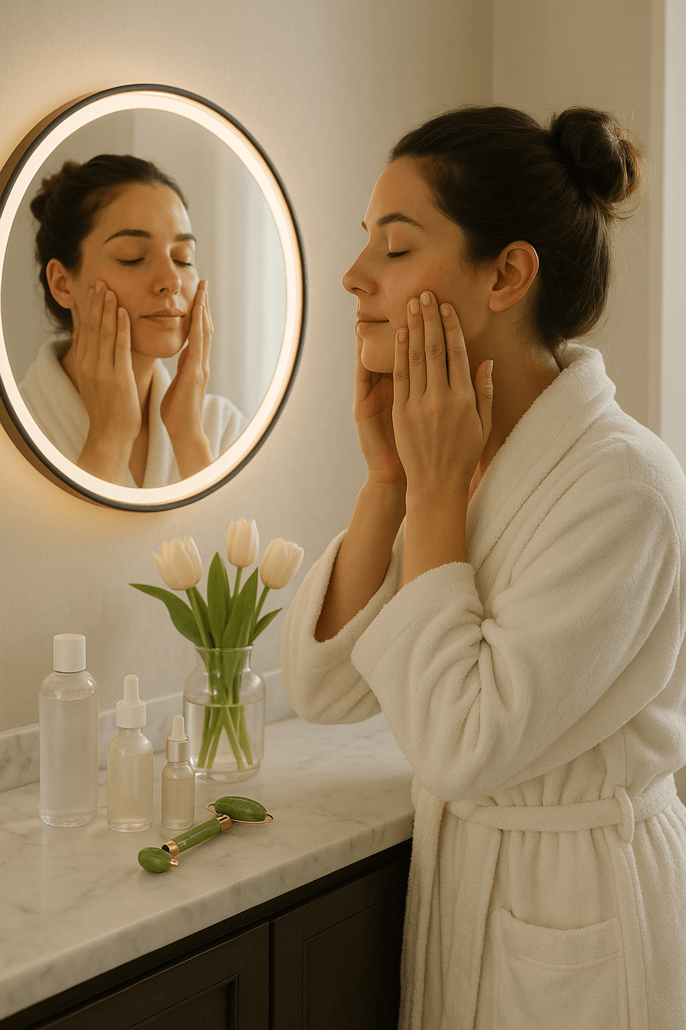 Woman in a white robe applying cream to her face in front of a mirror with a lighted frame.