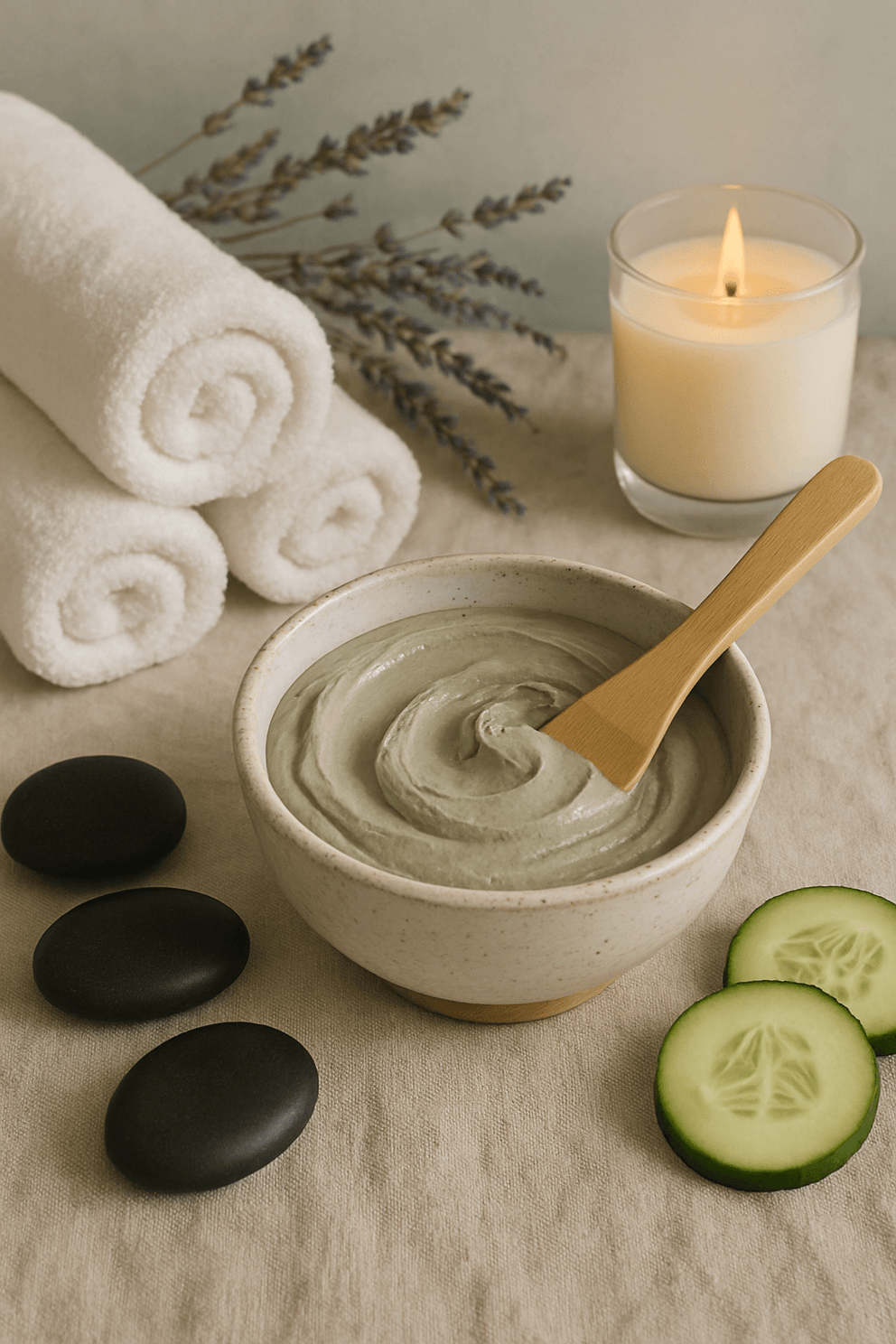 Spa setting with a bowl of green cream, candles, towels, and cucumbers on a neutral background