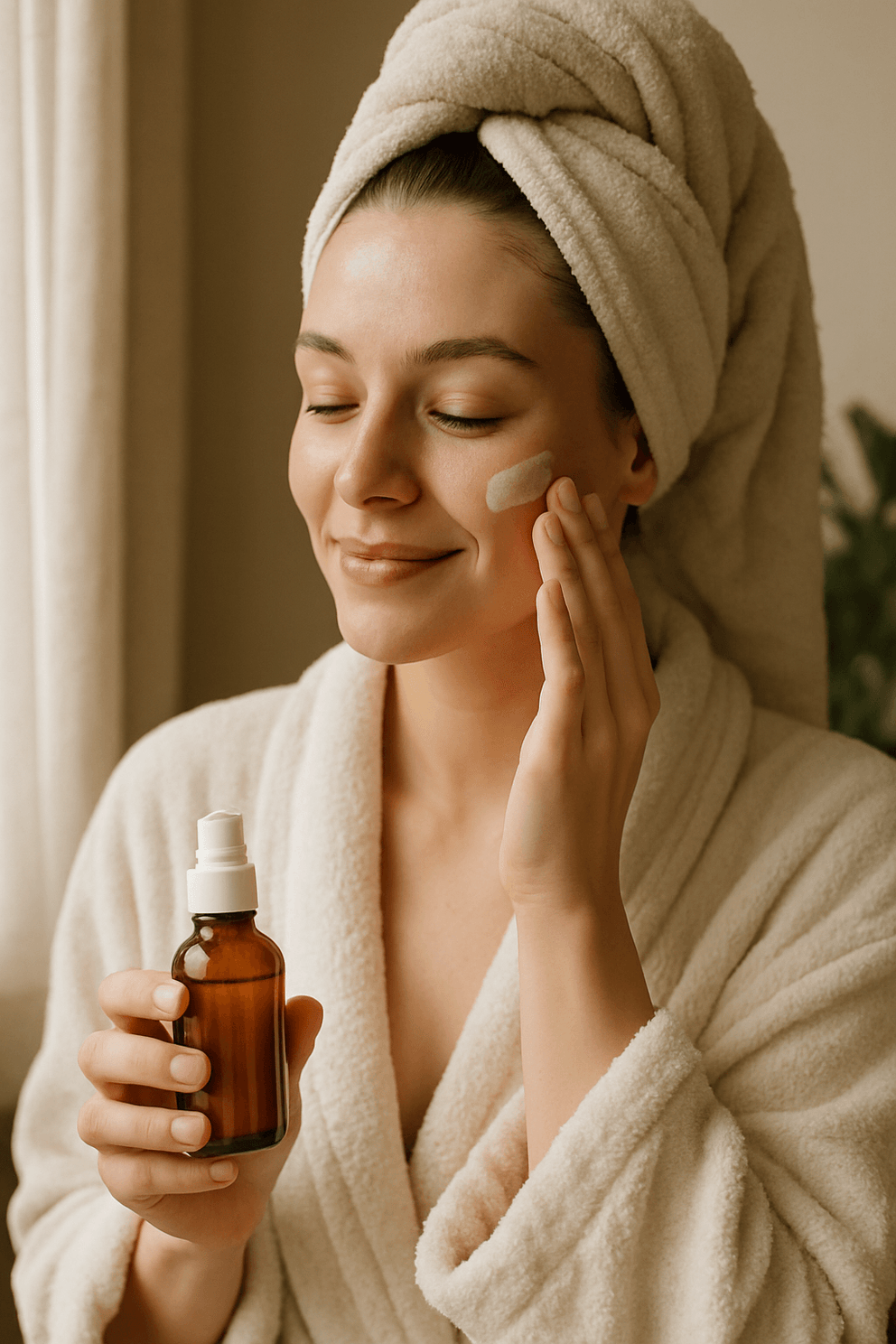 Woman applying cream to her face while holding a bottle, wrapped in a towel.