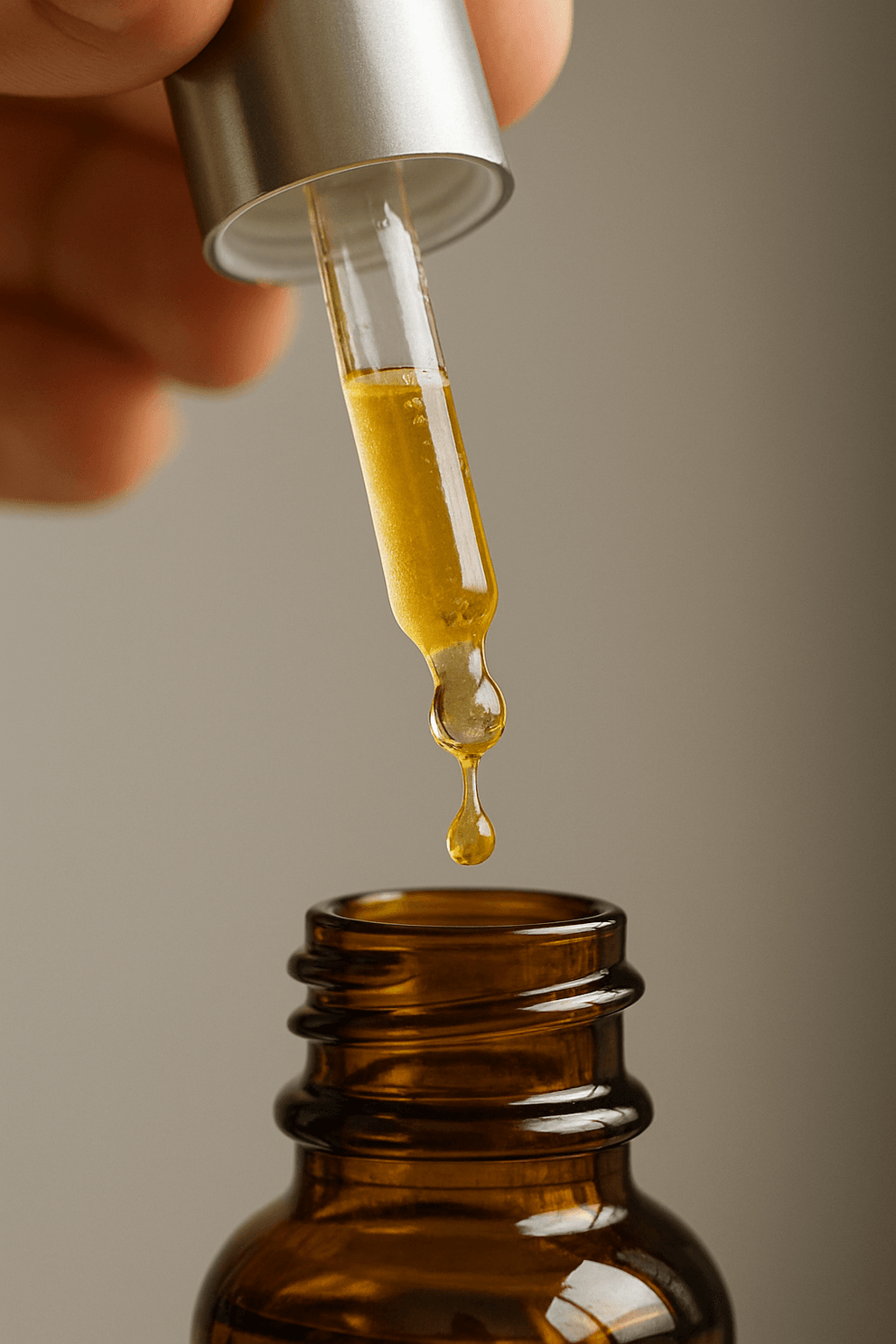 Dropper with yellow liquid being used on a brown bottle against a neutral background