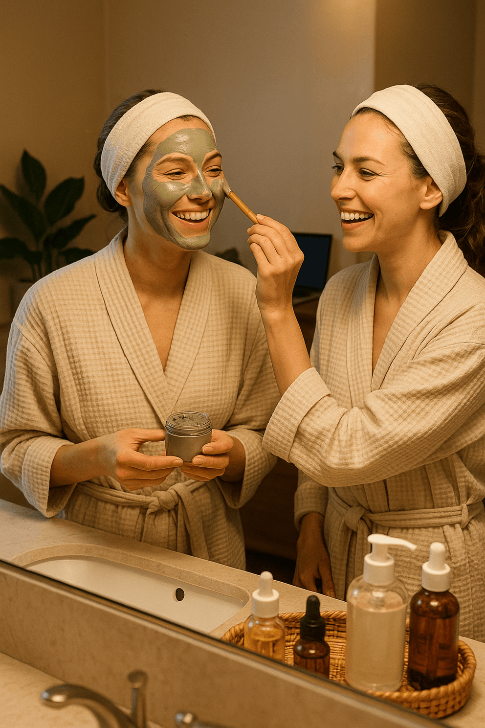 Two women in robes applying a green facial mask in front of a mirror.