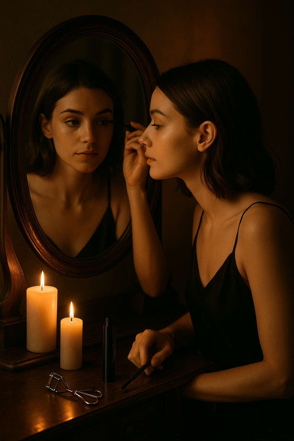 Woman sitting in a dimly lit room with candles and a mirror.