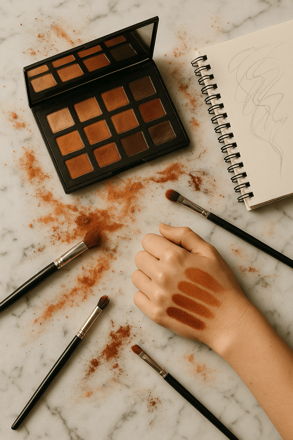 Makeup palette with brushes and hand swatches on a marble surface