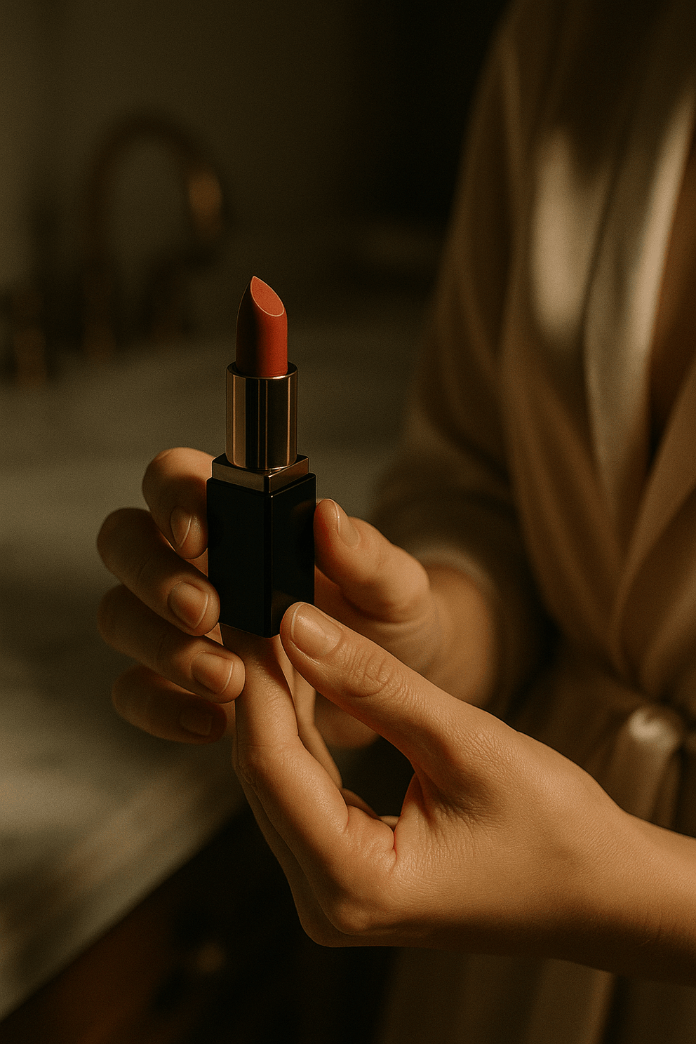 Hand holding a red lipstick in a blurred indoor setting