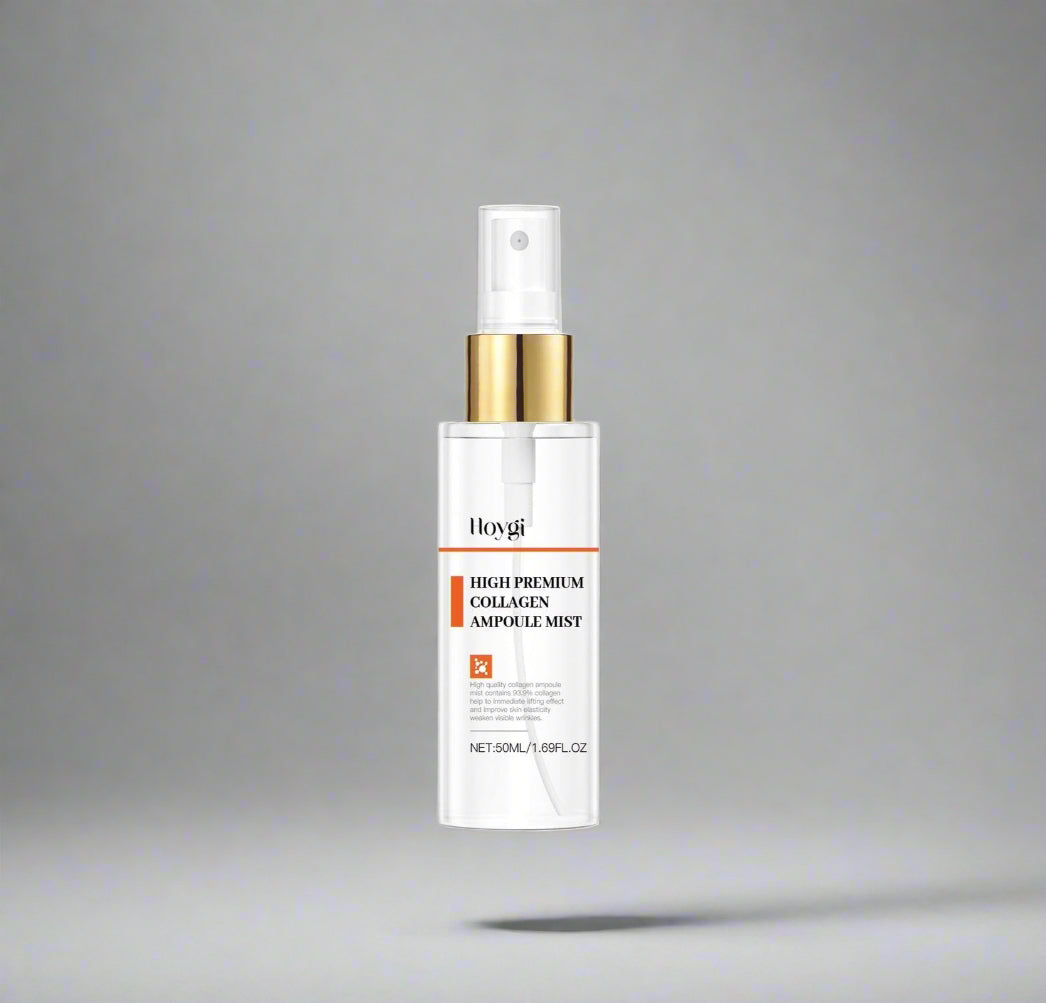 Skincare bottle with gold cap and white label on a white background